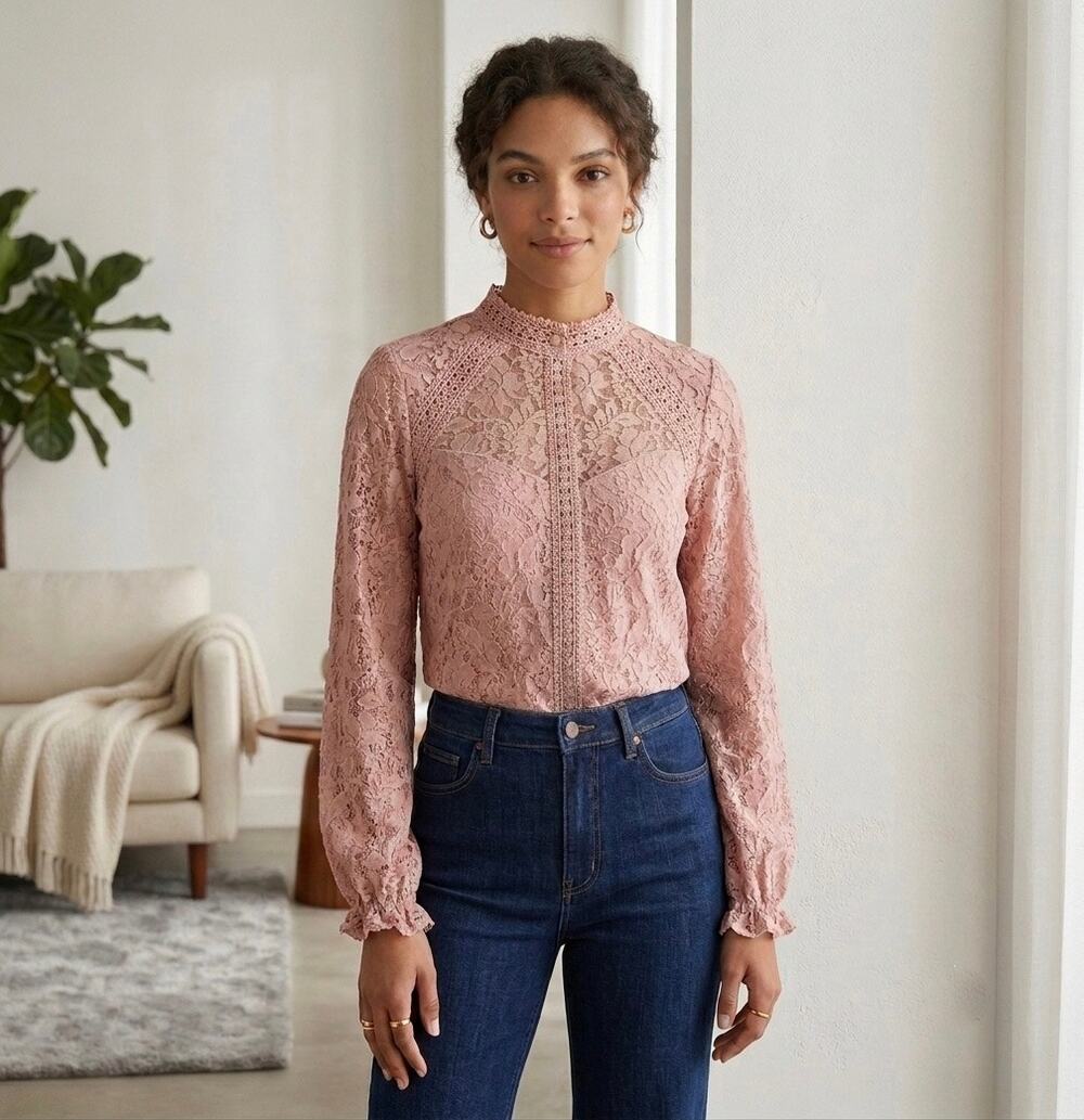 Pink Floral Lace Blouse Mock Neck Long Sleeve Victorian Boho Coquette Sz L - Picture 1 of 11